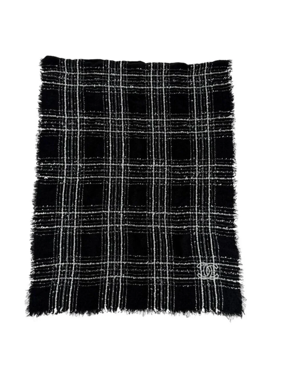 Chanel Cashmere Silk Blend CC Logo Ribbon Plaid Fringe Large Shawl Black Scarf